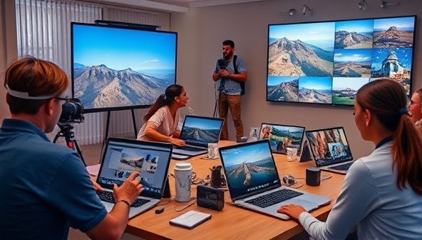 A captivating photography workshop setting with virtual participants interacting with a professional photographer, editing images on their laptops, and showcasing their works on a digital gallery, capturing the essence of creativity and learning in travel photography masterclasses.