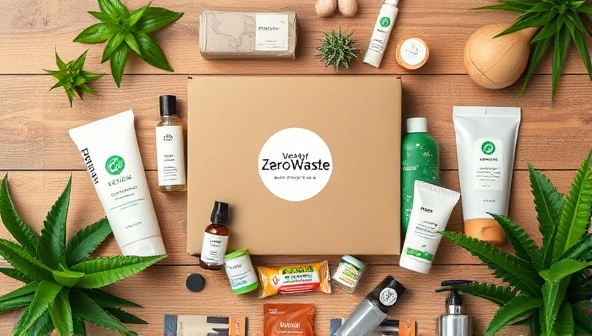 An aesthetically pleasing flat lay of a zero-waste subscription box contents, featuring eco-friendly products arranged artfully on a rustic wooden background, surrounded by green plants, symbolizing sustainability and conscious living in a visually appealing way.