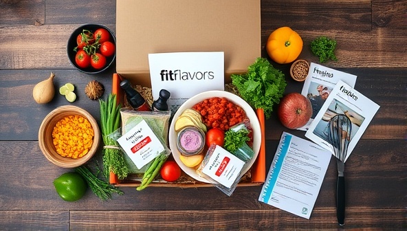 An aesthetically pleasing flat lay of a curated FitFlavors Box filled with colorful ingredients, recipe cards, cooking utensils, and a personalized note, arranged on a rustic wooden table, creating an inviting and inspiring scene for healthy cooking adventures.