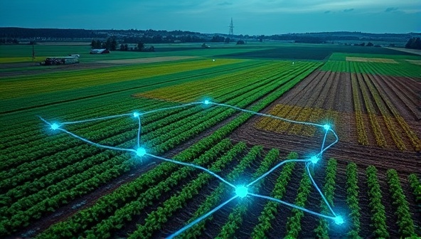 A futuristic farm landscape with IoT sensors placed strategically across fields, interconnected by a network of data streams and digital interfaces, showcasing the seamless integration of technology and agriculture for optimized farm management and sustainability.