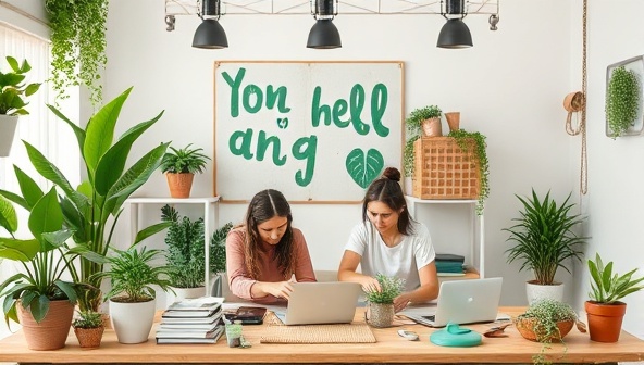 An eco-conscious virtual workshop setup with participants engaging in DIY sustainability projects, surrounded by plants, recycled materials, and energy-efficient gadgets, showcasing a green and eco-friendly learning environment promoting sustainable living practices.