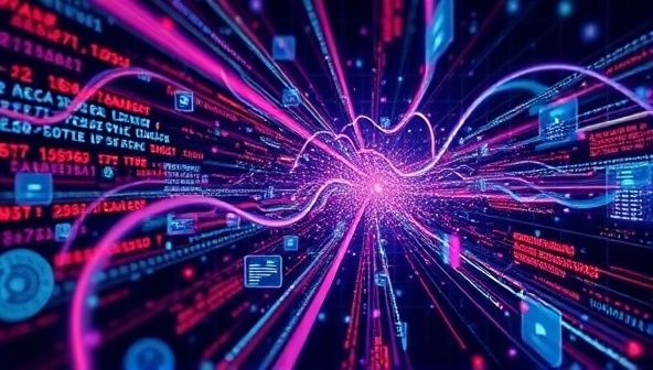 An abstract representation of data streams flowing into a website interface, transforming content and design elements in real-time based on user interactions, illustrating the dynamic and adaptive nature of data-driven web designs.