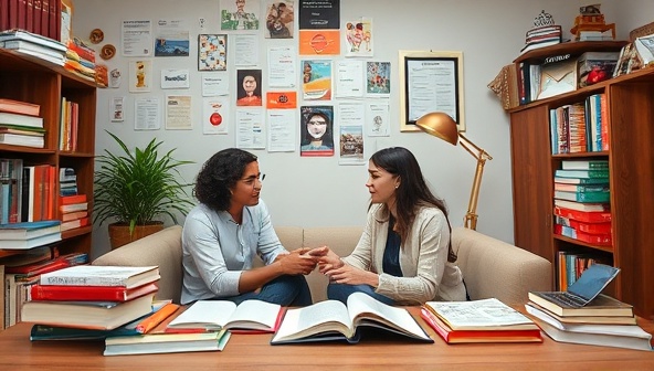 A virtual language coaching session with a language coach engaging with a client in a conversation practice, surrounded by language textbooks, cultural artifacts, and language learning apps, creating an immersive and dynamic language learning environment.