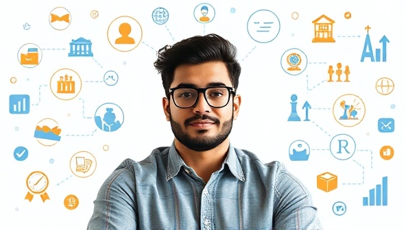 An individual receiving personalized career advice and guidance from a virtual career coach on the CareerCrafter platform, surrounded by icons representing various career paths and development opportunities, illustrating the platform's tailored approach to professional growth.