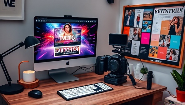 An aesthetically pleasing workspace with a designer's desk setup featuring a computer displaying captivating social media graphics, a camera for video production, and a mood board with color palettes and creative inspiration, symbolizing creativity and productivity in content creation.