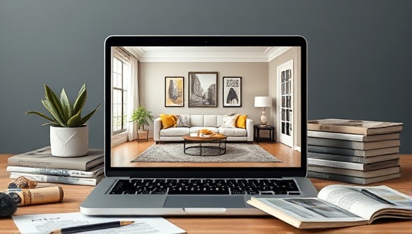 A laptop displaying an elegant virtual living room design with a cozy sofa, stylish decor elements, and a color palette scheme, surrounded by design magazines and a sketchbook, symbolizing creativity and inspiration.