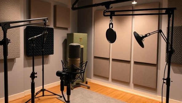 A creative studio setup with professional recording equipment, soundproofing panels, and a microphone, showcasing the professional podcast production environment and expertise of PodProducers in delivering high-quality audio content.