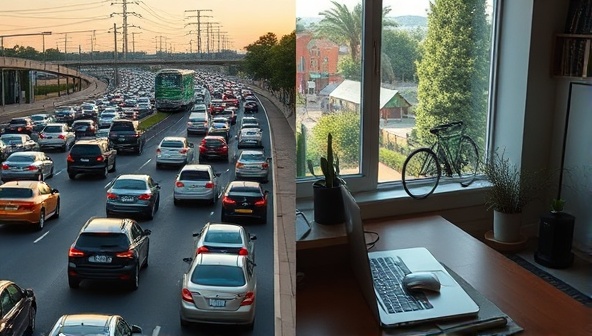 A split-screen image showing chaotic rush hour traffic on one side and a serene home office setup with a laptop and green commute options like bicycles and public transportation on the other side, symbolizing the contrast between traditional commuting and smart, sustainable alternatives.
