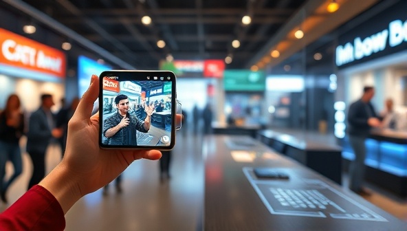 An engaging AR experience demonstration with a user interacting with virtual elements overlaid on the physical environment, showcasing the platform's capabilities in creating immersive marketing experiences that blur the lines between virtual and reality.