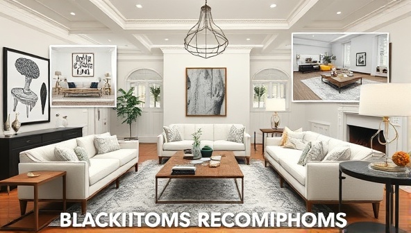 An elegant living room scene with virtual design overlays showing potential furniture arrangements, color schemes, and decor elements, giving clients a visual preview of the design recommendations, set against a backdrop of stylish home decor magazines for inspiration.