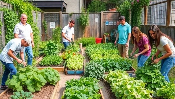 A diverse group of people in an urban garden, surrounded by vibrant plants and vegetables, happily tending to their individual plots, showcasing a sense of community, sustainability, and fresh produce abundance.