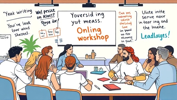 An artistic depiction of a virtual classroom setting with diverse participants engaging in a lively discussion, surrounded by virtual writing tools and inspirational quotes, symbolizing creativity, collaboration, and learning in an online workshop environment.