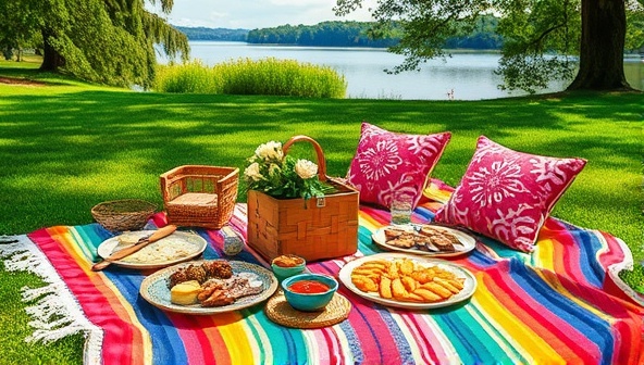 A vibrant picnic setup in a lush green park, complete with a colorful blanket, gourmet food spread, decorative pillows, and a view of a picturesque lake in the background, evoking a sense of relaxation and luxury.