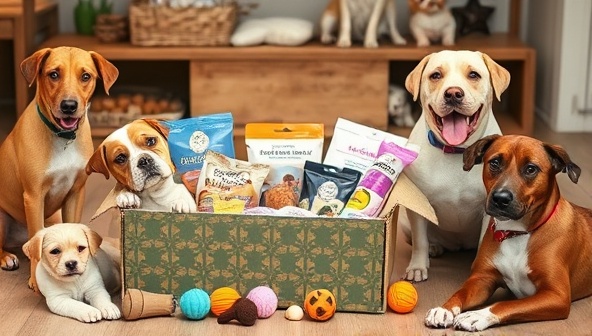 A pet care subscription box filled with pet treats, grooming products, toys, and a personalized pet care plan, surrounded by happy pets playing and enjoying the goodies, creating a warm and pet-friendly atmosphere for animal lovers and pet parents.