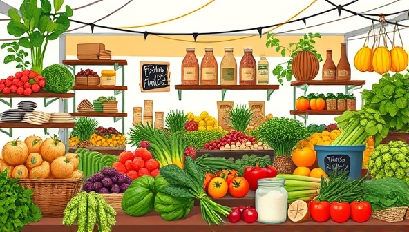 A vibrant and colorful image of a virtual farmers market platform interface featuring various fresh produce, artisanal products, and farm-fresh goods beautifully displayed in an online marketplace setting, inviting users to explore and support local farmers from the comfort of their homes.