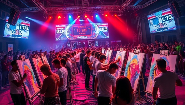 An electrifying scene capturing the intensity of an art battle event, with multiple artists passionately painting on canvases under colorful lights and a countdown timer, surrounded by a cheering crowd and digital screens displaying live voting results, creating a vibrant and competitive atmosphere.