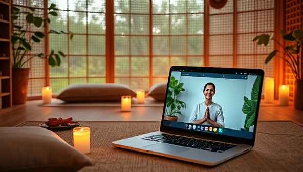 A serene virtual retreat setting featuring a peaceful meditation space with cushions, candles, and soothing music, accompanied by a laptop streaming a live virtual wellness session led by a wellness coach, creating a tranquil and immersive experience for participants.