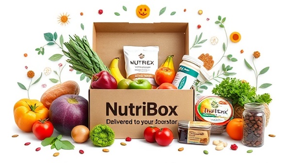 An artistic representation of a NutriBox filled with colorful fruits, vegetables, and supplements, surrounded by symbols of health and vitality, illustrating the concept of personalized nutrition delivered to the doorstep.