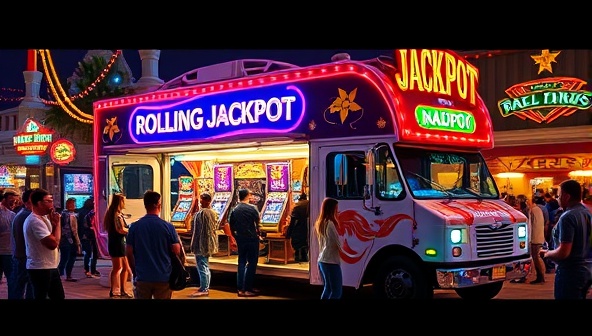 A vibrant and dynamic image showing the Rolling Jackpot mobile truck parked at a bustling street fair, with colorful lights, inviting signage, and people lining up to enter and try their luck at the various casino games inside, evoking a sense of excitement and entertainment on wheels.