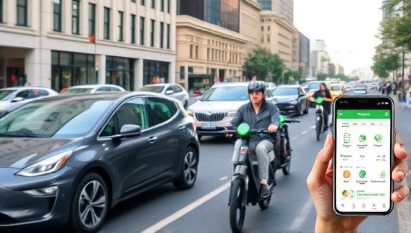 A bustling city street scene with electric cars, e-bikes, and scooters zipping past traffic, with EcoRide Club members accessing vehicles through a sleek mobile app interface, highlighting the convenience and sustainability of shared energy-efficient transportation options in urban settings.