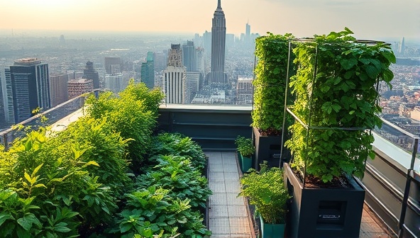 A compelling image of a modern rooftop garden filled with lush greenery and thriving crops grown in vertical farming towers, with a panoramic cityscape in the background, illustrating the harmonious coexistence of urban development and sustainable agriculture through innovative rooftop farming solutions.