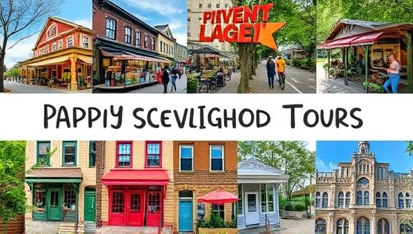 A collage of vibrant neighborhood scenes showcasing diverse local attractions, such as bustling markets, scenic parks, cozy cafes, and cultural landmarks, encapsulating the essence of DiscoverLocal Tours' personalized neighborhood discovery experiences.