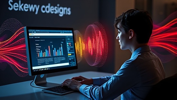 An engaging visualization of a designer interacting with a computer screen through voice commands, with colorful digital waves representing voice input and dynamic website elements responding to the spoken instructions, illustrating the seamless experience of SpeakEasy Designs' voice-activated web design services.