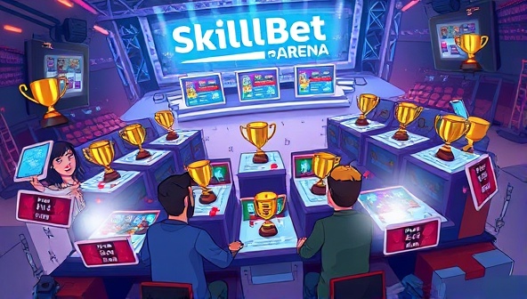 An action-packed digital illustration featuring gamers competing in various skill-based challenges, with virtual trophies, leaderboards, and prizes on display, capturing the competitive and engaging atmosphere of SkillBet Arena.