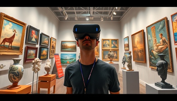 An immersive digital art gallery scene with virtual reality headsets, showcasing a diverse collection of paintings and sculptures, with interactive features for viewers to explore and engage with the artworks, capturing the essence of a modern online art experience.