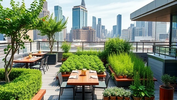 An urban oasis featuring a lush rooftop garden, modern dining area with panoramic city views, and chefs harvesting fresh herbs and vegetables for the day's menu, highlighting the farm-to-table concept, sustainability, and culinary innovation in an urban setting.
