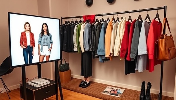 A chic virtual styling studio featuring a stylist showcasing outfit options on a digital screen, a rack of stylish clothing pieces, fashion magazines, and accessories, creating a trendy and sophisticated atmosphere for virtual styling consultations and wardrobe makeovers.