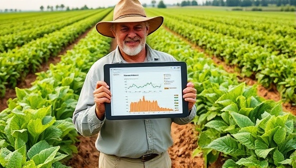 A farmer in a field, holding a tablet displaying real-time soil data analytics, surrounded by healthy crops, illustrating the benefits of data-driven farming practices for increased productivity.
