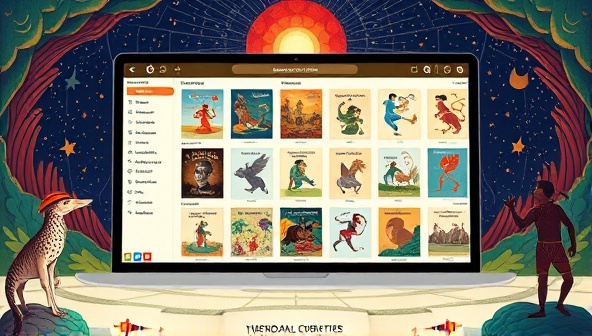 An artistic visualization of a digital platform interface displaying a collection of diverse regional legends and folklore stories, accompanied by vibrant illustrations and interactive features, inviting users to explore the rich tapestry of cultural narratives on LegendsTold Online.
