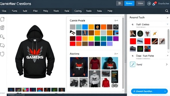 An interactive design studio interface showing a user customizing a gaming-themed hoodie with various graphics, colors, and personal touches, capturing the creativity and customization options available on the GameWear Creations platform.