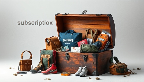 An enticing subscription box design featuring a rugged outdoor theme, with images of camping gear, hiking essentials, and travel gadgets spilling out of a wooden trunk, hinting at a world of adventure waiting to be explored.