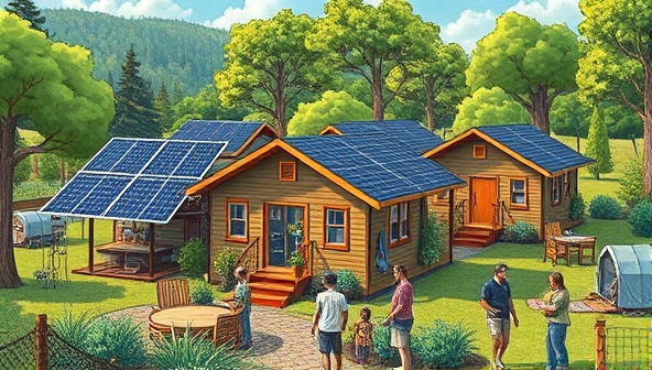 An artistic rendering of a vibrant and sustainable tiny home community nestled in a lush natural setting, featuring solar panels, communal gardens, and residents engaging in eco-friendly activities, conveying harmony with nature and community spirit.