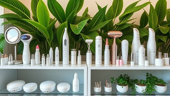An eco-friendly beauty tool rental display featuring a variety of high-quality beauty devices, neatly organized on shelves with lush green plants in the background, creating a sustainable and modern beauty rental experience.