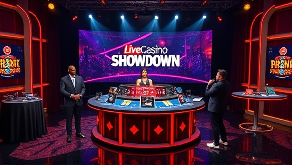 An immersive game show set featuring a live casino table, interactive gameplay elements, and a charismatic host engaging with virtual players, creating a vibrant and dynamic atmosphere within the LiveCasino Showdown platform.