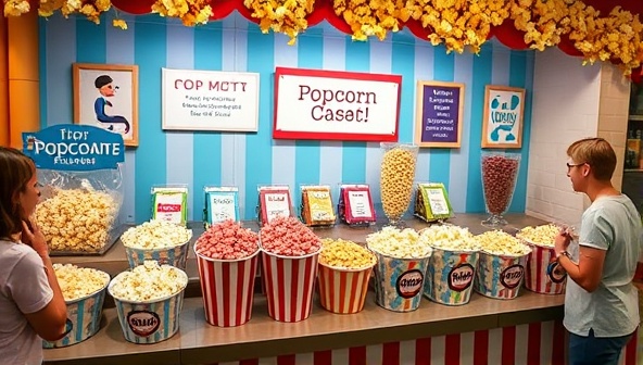 A colorful popcorn bar display showcasing an assortment of gourmet popcorn flavors in decorative containers, with playful signage and customers happily sampling different combinations, evoking a sense of fun and creativity.