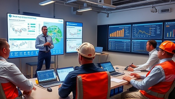 A virtual smart grid optimization workshop scene featuring a consultant presenting grid models, data visualizations, and real-time performance metrics on a digital screen, with utility operators engaging in discussions and problem-solving activities, creating an interactive and insightful learning environment.