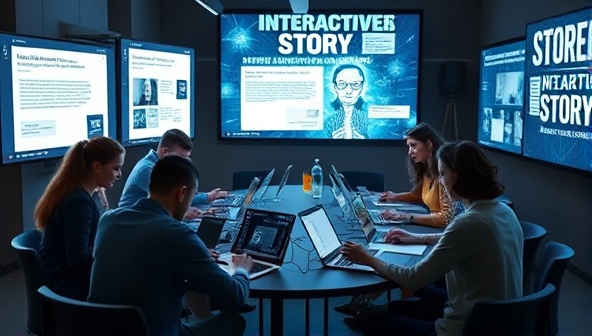 A group of individuals sitting around a table, each engrossed in writing or typing on a laptop, surrounded by digital screens displaying interactive story elements, creating a dynamic and immersive workshop environment.