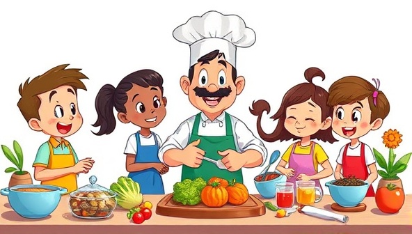 An animated illustration of a cheerful cartoon chef teaching a group of diverse kids how to cook, with colorful ingredients and cooking utensils scattered around, evoking a playful and educational atmosphere.