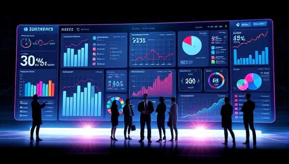 A futuristic and sleek digital dashboard displaying dynamic charts and graphs representing various business metrics and key performance indicators, surrounded by a team of professionals analyzing data and making strategic decisions, symbolizing real-time insights and informed decision-making facilitated by BizPulse Insights.