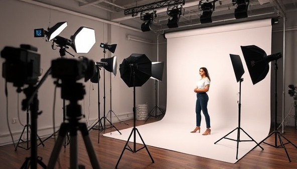 A photography studio setup with professional lighting equipment, cameras, and backdrops, capturing a model posing for a personal branding photo shoot, showcasing the professionalism and creativity of the photography service for personal branding.
