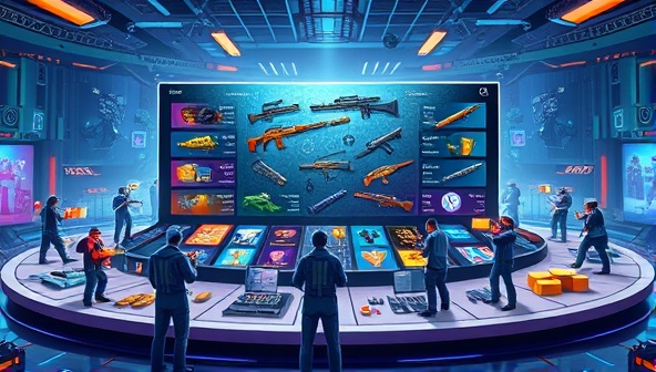An illustrative scene showcasing a diverse array of digital gaming assets like skins, weapons, and virtual currencies displayed on a futuristic marketplace platform, surrounded by digital avatars engaging in virtual trading and transactions, illustrating the concept of a dynamic digital asset marketplace.