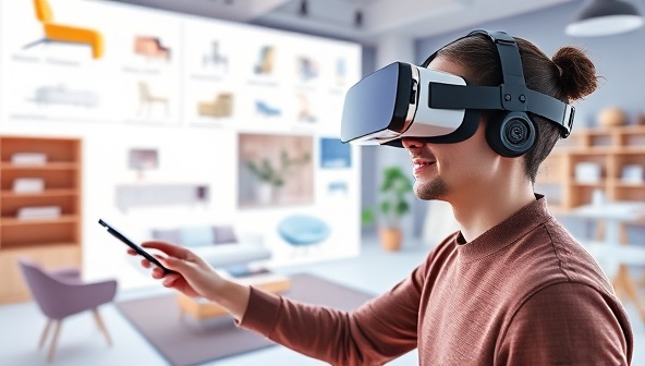 An artistic rendering of a customer wearing a VR headset and interacting with a virtual furniture design interface, surrounded by digital furniture models and design options, showcasing the futuristic and immersive experience of VirtuForm Studio.
