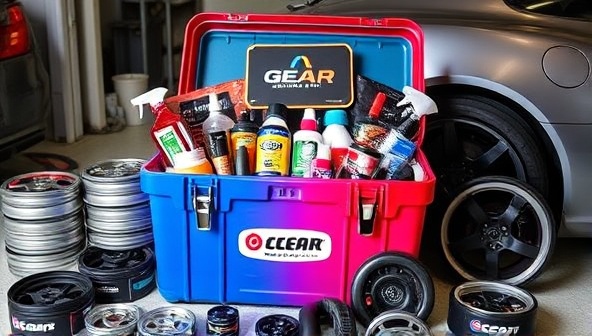 A vibrant toolbox filled with assorted automotive maintenance items, personalized with a gear logo and the subscriber's name, surrounded by a collection of car parts and a sleek vehicle, highlighting the customization and practicality of GearCare Kits.