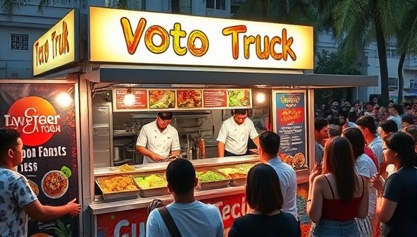 A vibrant food truck setup with colorful signage featuring a diverse array of fusion dishes being prepared and served by enthusiastic chefs, surrounded by a lively crowd enjoying their eclectic meals, capturing the essence of a dynamic and multicultural food truck experience.