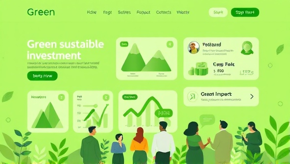 An eco-friendly platform design with vibrant green visuals, showcasing various sustainable investment opportunities, alongside a diverse group of investors engaging in discussions on sustainable finance and impact metrics, symbolizing a community-driven approach to green investing.