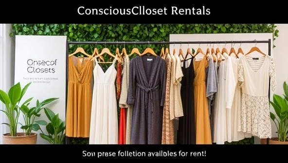 A stylish image showcasing a curated collection of sustainable fashion pieces available for rent, including designer dresses, eco-friendly accessories, and statement garments, presented elegantly on display racks against a backdrop of greenery and eco-conscious branding, reflecting the ethos of ConsciousCloset Rentals.
